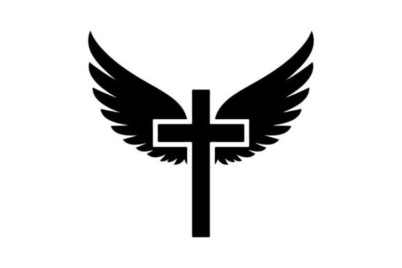 Black and White Angel Wings with Cross S Graphics
