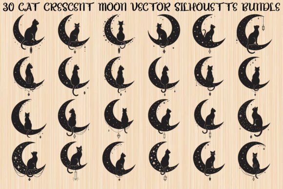 Cat Crescent Moon Bundle: Mystical Illustrations & Graphics