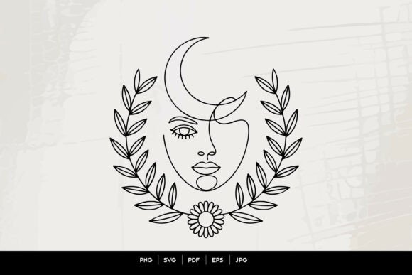 Celestial Woman Face Botanical Moon Line Graphics