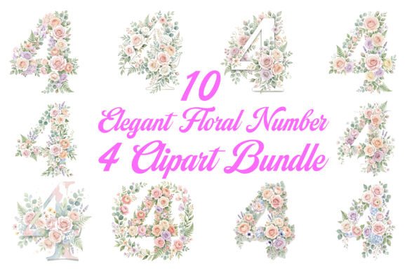 Elegant Floral Number 4 Clipart Bundle: Graphics & Illustrations