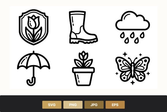 Garden Rain Icons Set: Whimsical Graphics & Illustrations