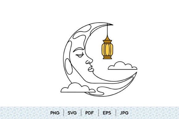 Moon Face Lantern Line Art: Graphics & Illustrations for Editorial Impact