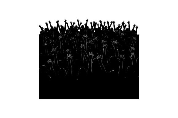 Silhouette Crowd Raising Hands at Sunset Graphics & Illustrations