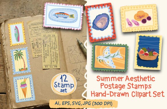 Summer Travel Postage Stamps Clipart: Graphics & Illustrations